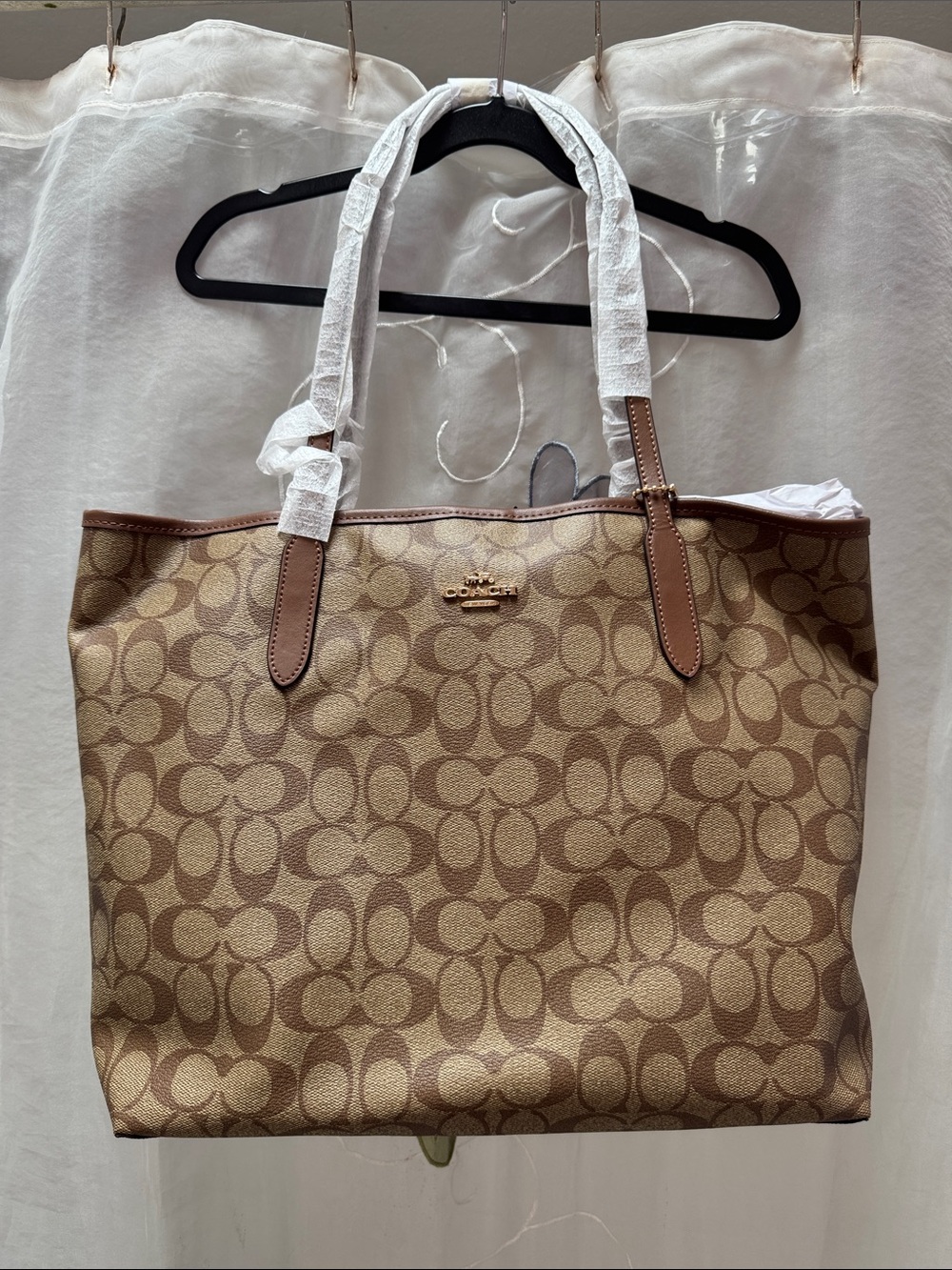 Coach Brown/Tan Signature Canvas Tote with Leather Trim (5696 Khaki/Saddle, NWT)